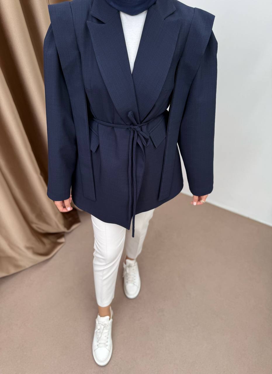 Elegant Navy Blazer with Tie Belt and Modest Design