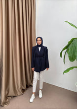 Load image into Gallery viewer, Elegant Navy Blazer with Tie Belt and Modest Design
